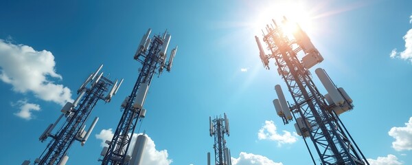 Blue sky backdrop for urban scene with 3 tall gray cylindrical antennae. Central focus on modern infrastructure, telecom equipment supporting mobile technology.
