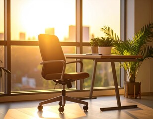 Modern office chair, desk and plants by large window at sunrise