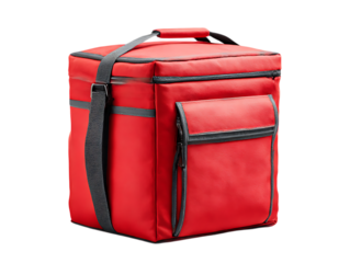 Red insulated delivery bag with strap and front pocket isolated on transparent background