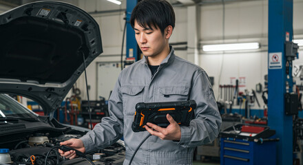 車の故障診断をしている整備士
