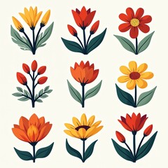 Eight unique flowers in shades of red, orange, yellow. Colorful blooms in symmetrical groups add vibrant colors, freshness to composition. Distinct shapes, sizes create diversity, visual interest.
