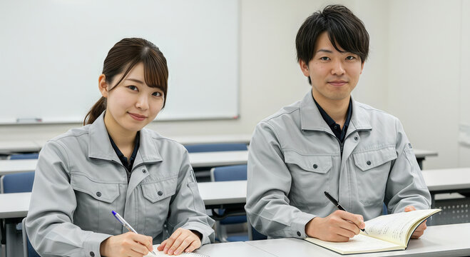 研修を受ける作業服を着たアジア人の男女