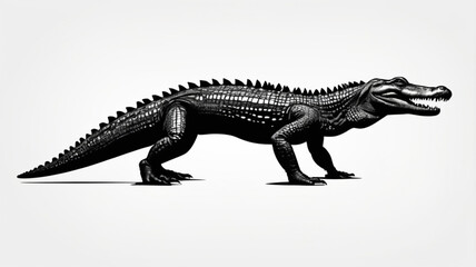 Fototapeta premium A detailed illustration of a crocodile, depicted in black and white, walking across a white background.
