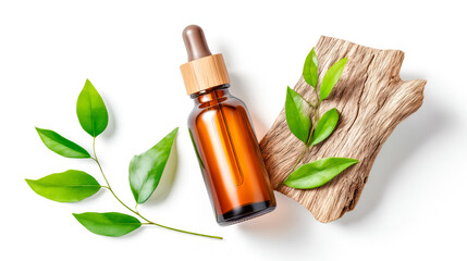 A stylish amber glass dropper bottle surrounded by green leaves on an elegant wooden surface, conveying natural wellness.