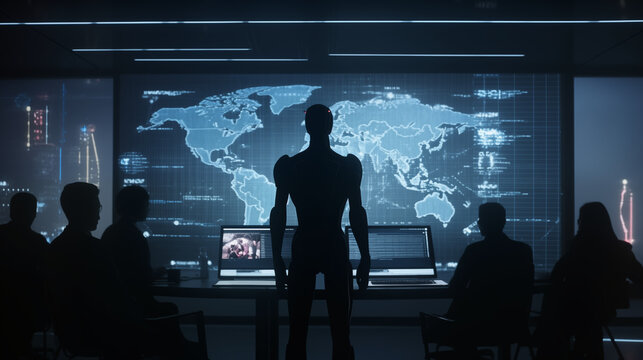 Silhouette of a robot standing in front of a world map with people in the background watching screens