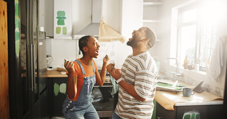 Excited, couple and achievement for home improvement, paint or remodeling of kitchen or celebration. Happy, black man and woman with DIY project, success and color for house, renovation and makeover