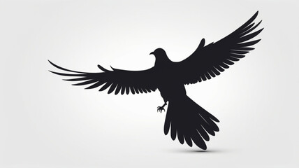 Obraz premium Silhouette of a soaring pigeon in flight against a light gray background.
