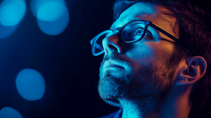 A thoughtful man gazes upwards, illuminated by vibrant blue light, evoking a sense of wonder and contemplation.