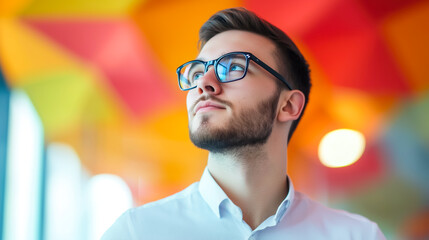 A thoughtful young man wearing glasses gazes upwards, contemplating ideas in a vibrant and modern workspace environment.
