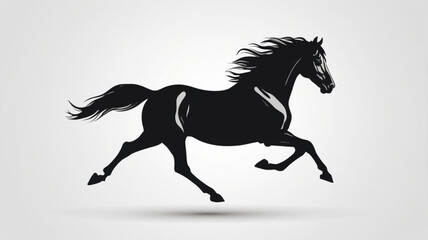 Silhouette of a black horse running, with its mane flowing in the wind, against a white background.