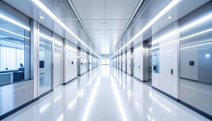 Modern office hallway with bright lighting