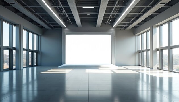 Modern car showroom with empty display area. Blank backdrop features geometric design. White screen serves as focal point in spacious room. High ceiling allows natural light to enter. Industrial