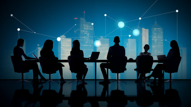 Silhouette of business team meeting with city background and data visualization overlay on screen
