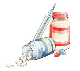 Composition with jars of pills and thermometer. Tablets scattered from a bottle on a white background. Isolated watercolor illustration with outline. Medicine and pharmacology concept.