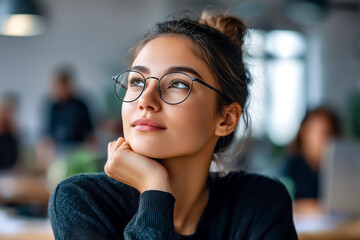 A young woman in deep thought, wearing glasses, showcases a moment of reflection in a modern workspace, embodying curiosity and inspiration.
