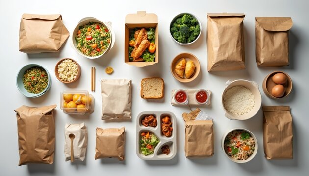 Eco-friendly food packaging made from compostable materials. Reusable straws, takeout containers, paper bags for sustainable dining. Variety of food items arranged on tablecloth. Brown, white, gray