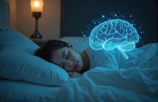Woman sleeps peacefully on bed in cozy bedroom. Glowing digital brain visualization above her shows neural activity, brain waves. Brain floats on boat in room, serene ambiance.