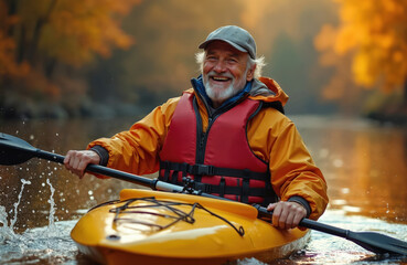 Elderly man sits in yellow kayak on serene river. Man wearing orange life jacket, gray hat navigates through water. Small waves behind kayak on calm river. Trees line riverbank creating peaceful