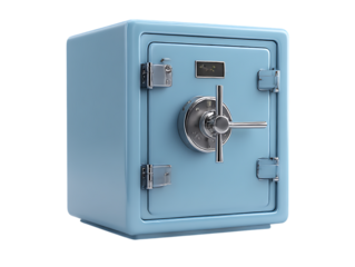 A light blue metal safe with a chrome dial and handle isolated on transparent background