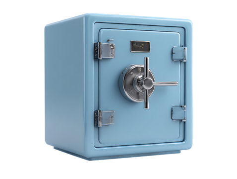 A light blue metal safe with a chrome dial and handle isolated on transparent background