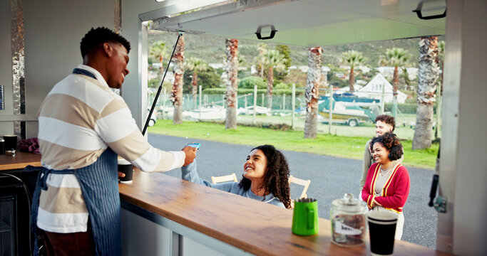 Credit card, customer and man in food truck for contactless payment with queue for retail sales. Person, smile and vendor with nfc machine for discount, fintech transaction and pos at mobile cafe