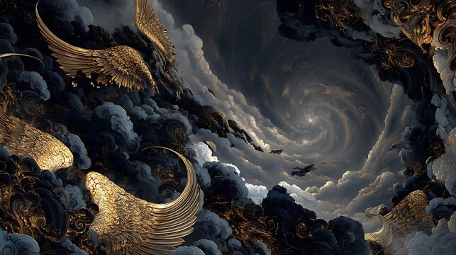 digital wall art depicting winged demons in black and gold fighting amidst a swirling tornado in the sky, dramatic lighting, dark fantasy style, highly detailed  - Powered by Adobe