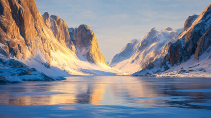 Stunning winter landscape with majestic mountains and a serene frozen lake reflecting the soft hues of sunrise.