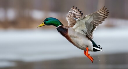 Mallard Duck Ascending Wings Spread Against Winter River Backdrop.