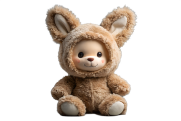 A cute teddy bear wearing a bunny costume isolated on transparent background