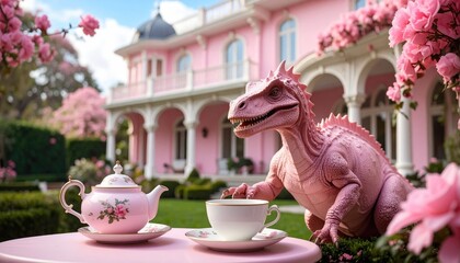 Pink dinosaur enjoys tea in a pink garden