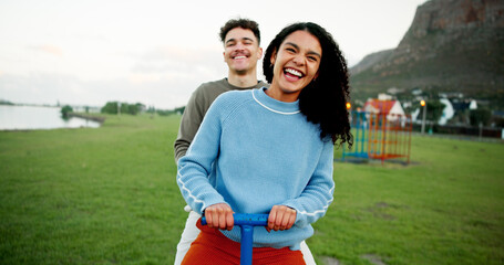 Happy, see saw and portrait of couple in park for playful relationship, weekend and fun together....