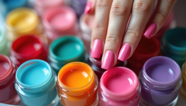Vibrant pink nail polish stands out against backdrop. Hand holds array of bottles with various colors, labels. Lively dynamic image with haphazardly arranged bottles. Close-up of fingernails, - Powered by Adobe