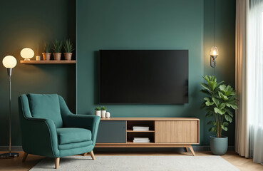 Living room with large green sofa, wooden armchair. Wooden side table, lamp, plant pots in front of dark wood floor. Television on wall behind sofa. Potted plant adds plants to modern space with