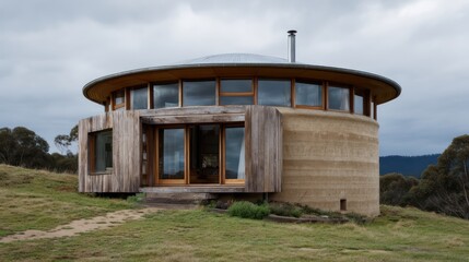 A hilltop circular home made from rammed earth reclaimed timber captured in overcast lighting for soft shadow gradients