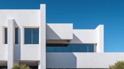 A minimalist business center in white stucco glass captured in midday light clean top-down lighting enhances subtle surface