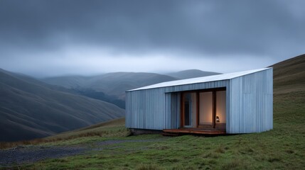 Naklejka premium A minimalist hillside cabin with a corrugated metal exterior large sliding doors set against a backdrop of rolling