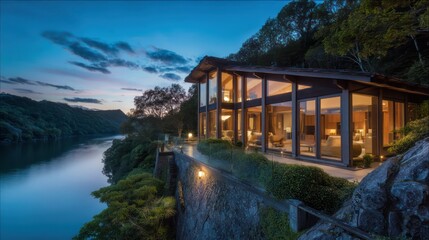 Fototapeta premium A luxurious hillside retreat with floor-to-ceiling windows overlooking a serene lake captured during twilight with interior lights creating