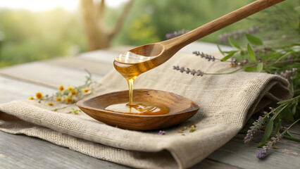 Honey dripping from a wooden spoon into a bowl on a table