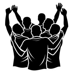 Team unity celebration with raised arms huddle arms raised