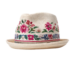 Woven straw fedora hat with vibrant floral embroidery isolated on transparent background