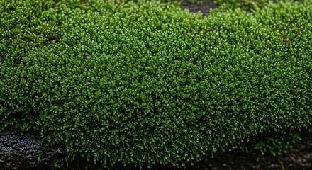 A vibrant green lush carpet of dense moss covering the ground in a forest creating a natural texture background full of life and natural pattern