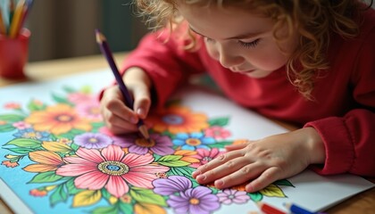 Child sits at desk, drawing with hands adorned with rings. Pencil on desk. Vibrant flower illustration and red mug add color to scene. Kindergartner creative brings imagination to life.