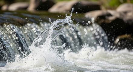 Water cascades over dark rocks in a fast-flowing mountain stream with motion blur creating a dynamic and refreshing natural landscape scene