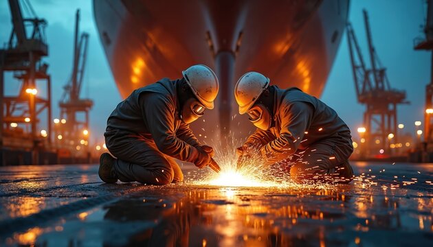 Shipbuilding workers in protective suits weld on large industrial ship at dockyard. Red ship surrounded by cranes. Workers positioned at different locations on ship with low-angle perspective.