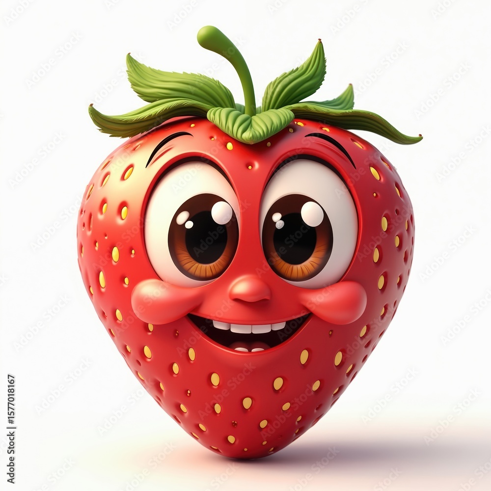 Fototapete cute strawberry character with big smile, round eyes, and small nose. green leaves sprout from head,