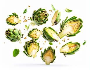 Naklejka premium Fresh Artichokes Falling on White Background Healthy Food Concept.