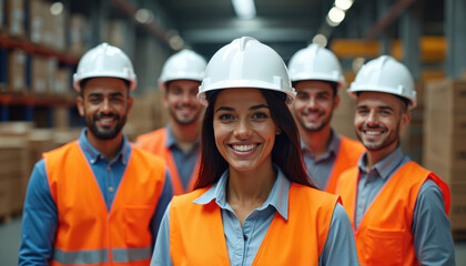 Diverse team of warehouse workers in industrial setting. Multiethnic group of men and woman in hard hats. Pro team stands in front of cardboard boxes. Shelves and storage containers in background.