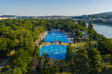 Hungary, Budapest, Margit island, Palatinus Strand beach is a very popular recreation place for tourists and citizens.