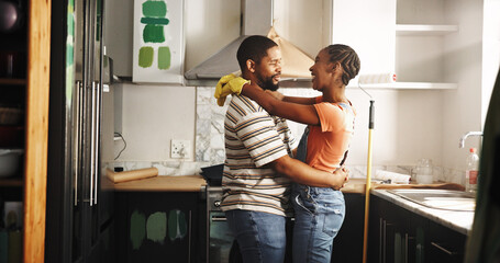 Painting, dance and happy couple in home for love, remodeling and bonding together with care....