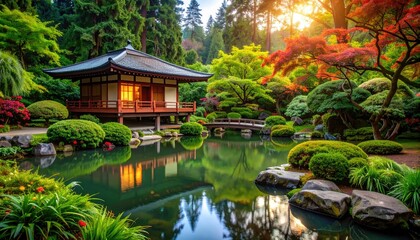 Obraz premium Peaceful Japanese garden pavilion